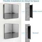 Bathroom Medicine Cabinet with 30"x26" Black Stainless Steel Framed Mirror,Recessed or Surface Mounted Bathroom Mirror Cabinet,Storage Cabinet with Double Door