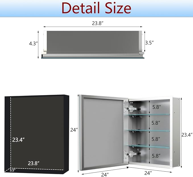 24x24 inch Medicine Cabinet Mirror with Storage, Aluminum Surface Mount or Recessed Medicine Cabinet with Adjustable Shelves for Bathroom Bedroom