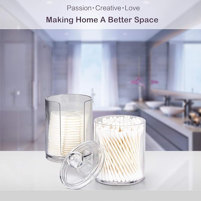 SheeChung 2-Pack Clear Acrylic Qtip Holder - Shatterproof Apothecary Jars for Bathroom Organization - Vanity Storage Canisters for Cotton Swabs, Balls, Pads, Floss Picks - Modern Decor