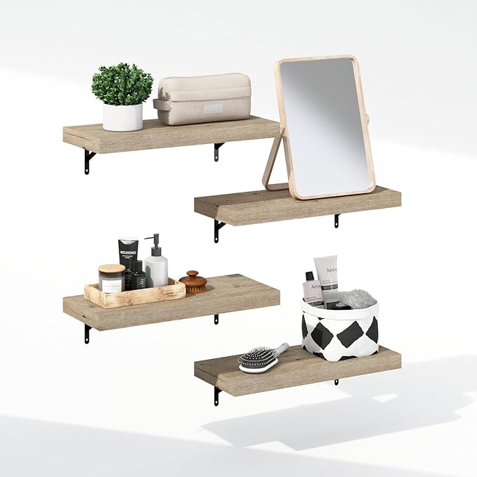Furinno Tanna Floating Shelves for Wall Set of 4, 22-Inch Bathroom Wall Shelf, Wall Mounted Shelf, for Bathroom Organizers and Storage, Living Room, Natural