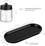 SheeChung 3-Pack Glass Apothecary Jars with Acrylic Vanity Tray - Bathroom Organizer Set for Qtip, Cotton Ball, Floss Picks - Modern Industrial Style Bathroom Accessories Storage Canister (Black)