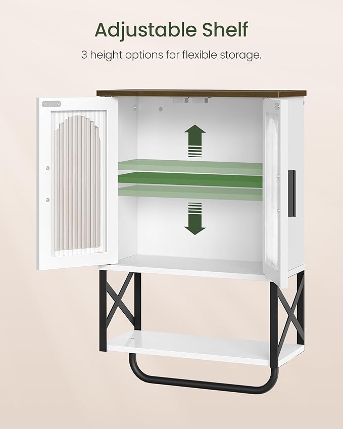 Bathroom Wall Cabinet, Medicine Cabinet with Adjustable Shelf and Towel Bar, Storage Cabinet Wall Mount with 2 Glass Doors, for Bathroom, Kitchen, Living Room, Dining Room, White and Walnut