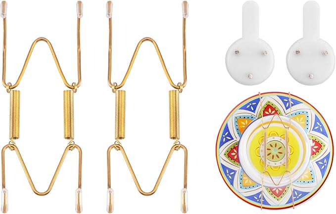 2 Pack Plate Hangers for Wall, Suitable for 4-5 inch Art Plate, Stainless Steel Invisible Heavy-Duty Wire Plate Holder with Wall Hooks, Display Hanger for Decorative Plates/Dishes/Platters(Gold)