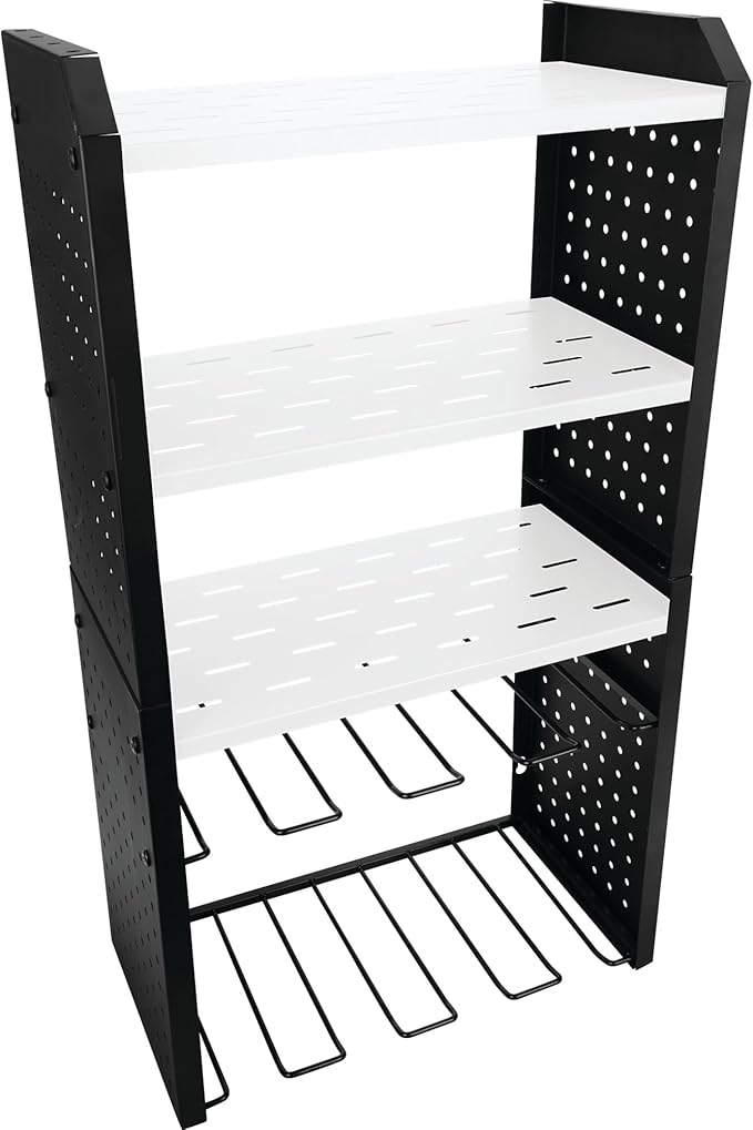 Performance Tool W7704 17-in Five Level Power Tool Storage Rack: 200 lb Limit, 9-Gauge Solid Steel Frame, Baked on Powder Coat Finish with 1/4-in Peg Holes, For Garage/Home, Black/White