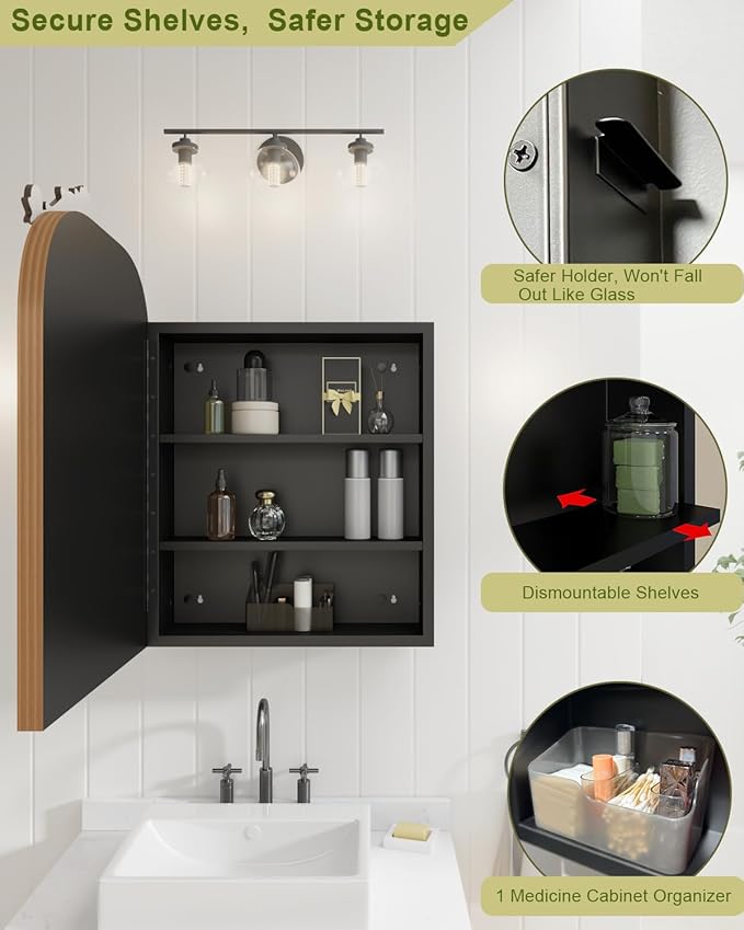 20"x30" Vintage Arched Bathroom Medicine Cabinet with Mirror, Hand-Painted Flower on Aluminum Frame Art Decor Medicine Cabinets Recessed / Wall Mounted, 2 Stable & Removable Shelves and 1 Organizer