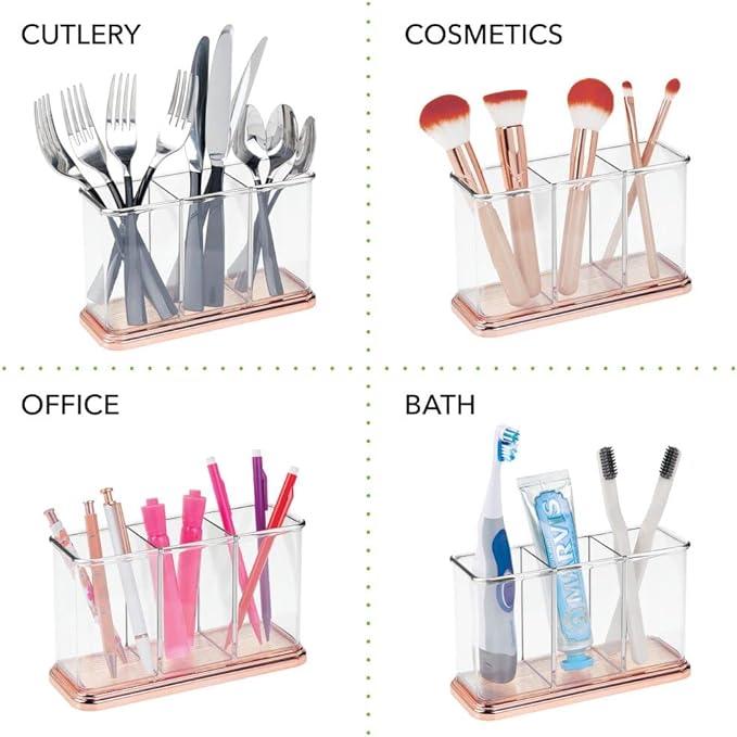 mDesign Plastic Organizer Cup Holder, Divided Storage Organizer for Desks, Office, Tables, Workspaces - Stores Pen, Pencils, Markers, Scissors - 3 Sections - Clear/Rose Gold