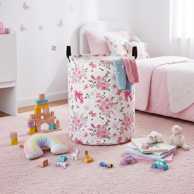 Baby Laundry Basket Baby Nursery Hamper Kids Laundry Basket Toy Storage Bin for Boys Room Decor Gift Baskets for Bedroom Bathroom(Bowknot Flower)