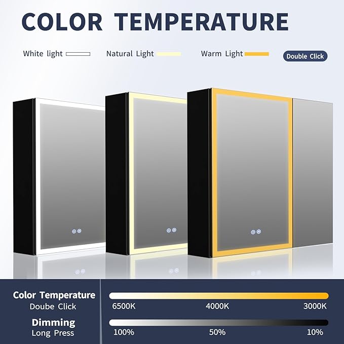 Lighted Mirror Medicine Cabinet, 30 x 28 inch LED Bathroom Mirror Cabinet with Anti-Fog, Dimmable 3 Colors Front & Bottom Light, Buit-in Sockets & USBs, 2 Shelves, Plug-in or Hardwired