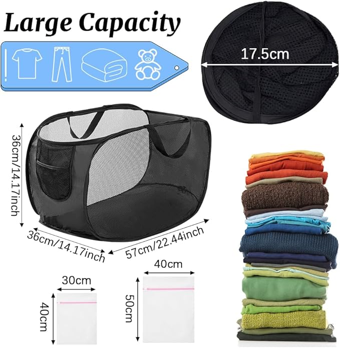 4Pcs Pop Up Laundry Hamper, FHDUSRYO Mesh Foldable Hamper with 4 Wash Bags, Collapsible Laundry Basket with Side Pocket Carry Handles, Portable Dirty Clothes Basket, Mesh Hamper for Dorm Bedroom