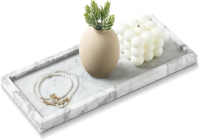 Natural Small Marble Vanity Tray, Luxury Stone Organizer for Bathroom & Kitchen | Holds Soap Dispenser, Jewelry, Perfume | Non-Resin, Non-Ceramic Décor (White, M (11.8" x 5.1" x 0.78"))