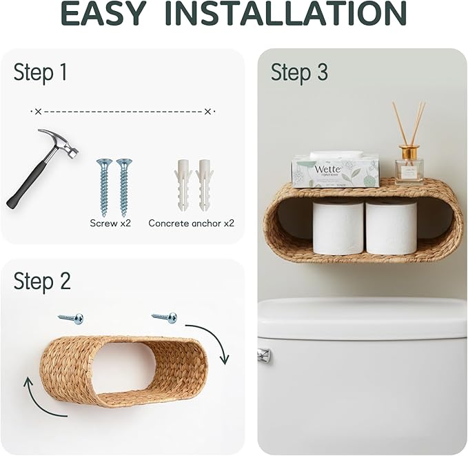 Wicker Wall Shelf,16.5'' Cute Boho Rattan Wall Mounted Shelves for Toilet Paper Storage,Plant, Book, Decorative,Natural Water Hyacinth Floating Shelves for Bathroom Decor,Nursery,Living Room