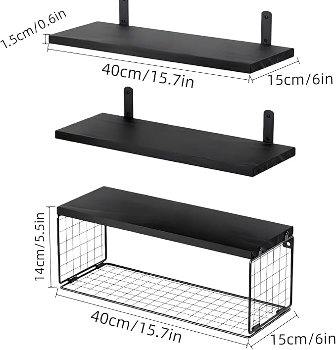 Bathroom Shelves Over Toilet, Set of 3 Wall Mounted Floating Shelves with Storage Basket Rustic Wood Shelf for Home Organization, Wall Decor for Bathroom, Kitchen, Living Room. (Black)