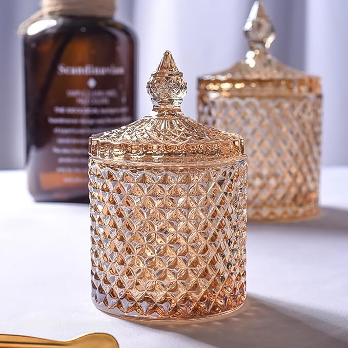 Colorful Glass Jar With Lid,Candy Dish,Candy Cookie Jars,Jewelry Box,Buffet Jars Biscuit Containers Food Storage,Decorative Jar(Large-Amber)