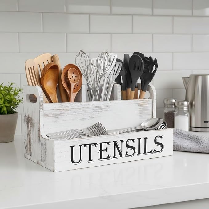 Suli Extra Large Kitchen Utensils Holder with 4 Compartments, White Wooden Utensil Organizer for Kitchen Countertop, Farmhouse Utensil Storage, Rustic Cooking Utensils - White Grain