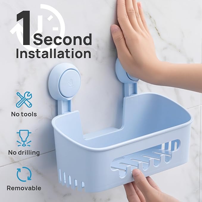 LEVERLOC Shower Caddy Suction Cup 2 Pack, Shower Organizer Removable Bathroom Shelf, Storage for Inside Shower Powerful Suction Max Hold 22lbs Waterproof Holder, Blue