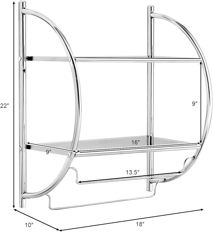 Tangkula Wall Mount 2 Tier Bathroom Shelf with Bars, 18" W X 10" D X 22" H, Home Toilet Double Layer Rustproof Chrome Shelf
