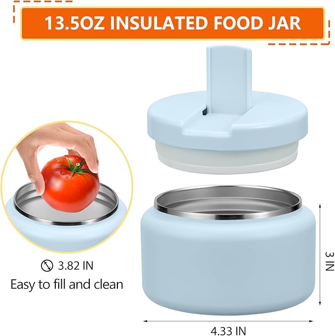 13.5oz Kids Jar for Hot Food, Insulated Vacuum Food Jar with Buckle Lid, Stainless Steel Wide Mouth Leak Proof Insulated Lunch Container for School Picnic Travel, Blue