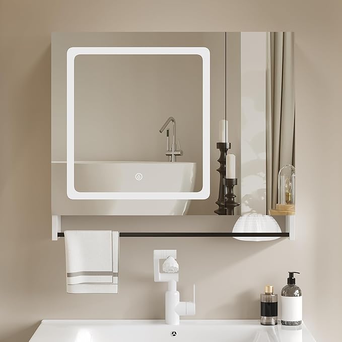 ChooChoo Bathroom Medicine Cabinet with Mirror, Modern Mirror Cabinet with LED Lights, Bathroom Wall Cabinet with Adjustable Shleves, Towel Bar, White
