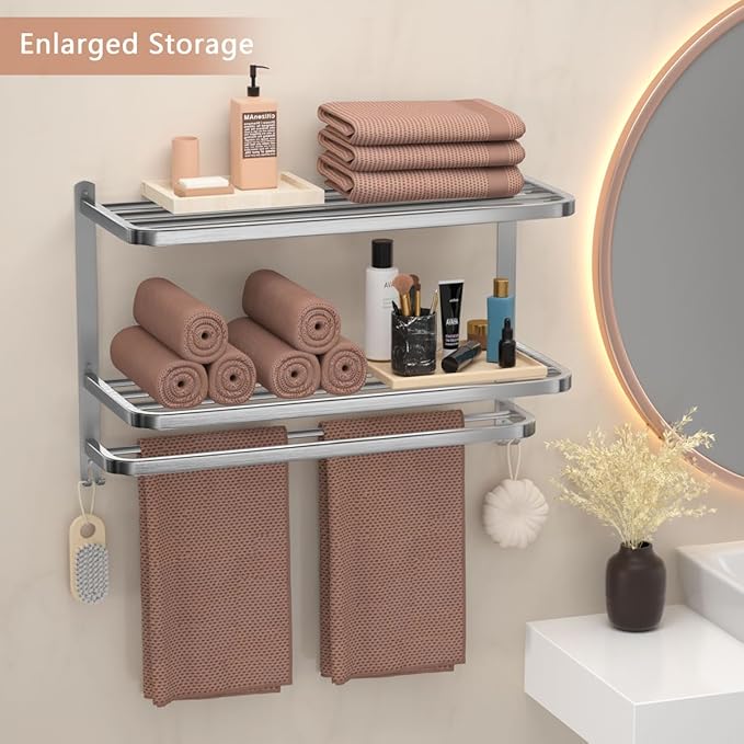 DDS-DUDES 23" Towel Racks for Bathroom with Towel Bars, 3 Tier Hotel Towel Shelf Stainless Steel Wall-Mounted Holder with Towel Shelves Brushed Nickel