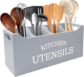Kitchen Utensil Holder with Drainage Bottom, Extra Large 4 Compartments Solid Real Wood Utensil Organizer for Kitchen Counter, Farmhouse Cooking Tools Storage for Countertop, Grey