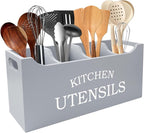Kitchen Utensil Holder with Drainage Bottom, Extra Large 4 Compartments Solid Real Wood Utensil Organizer for Kitchen Counter, Farmhouse Cooking Tools Storage for Countertop, Grey