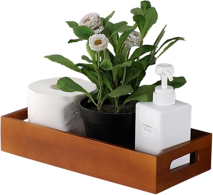 Bathroom Decor Box,Wooden Toilet Tank Topper Basket Tray,Back of Toilet Basket for Paper Storage Bathroom Counter Organizer (Brown, 15.1 * 6 * 2.5in)