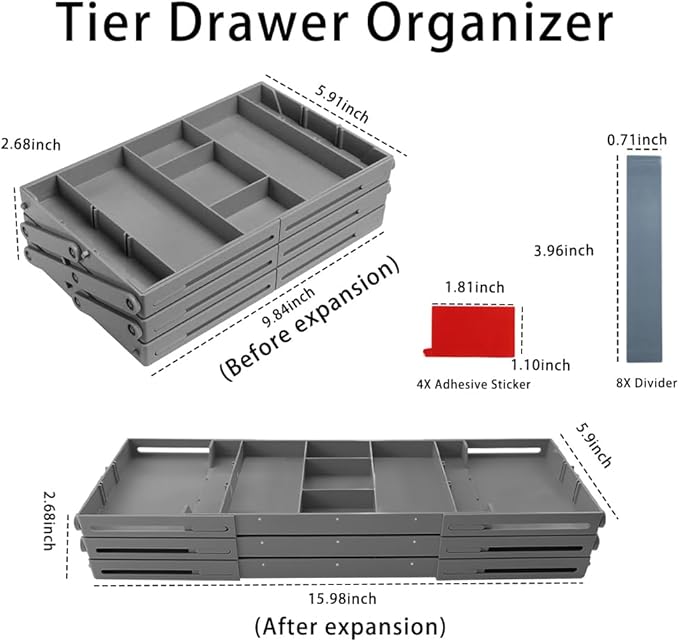 Abnaok 3 Tier Drawer Organizer Multi Level Collapsible Expandable Desk Organizer Trays for Office Supplies, Kitchen Gadgets Utensils, Vanity, Makeup, Jewelry