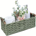 Paper rope storage basket with handle - A decorative green rattan-style multi-purpose storage basket for toilet paper, bathroom supplies and home decoration, suitable for counters or shelves
