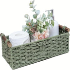 Paper rope storage basket with handle - A decorative green rattan-style multi-purpose storage basket for toilet paper, bathroom supplies and home decoration, suitable for counters or shelves