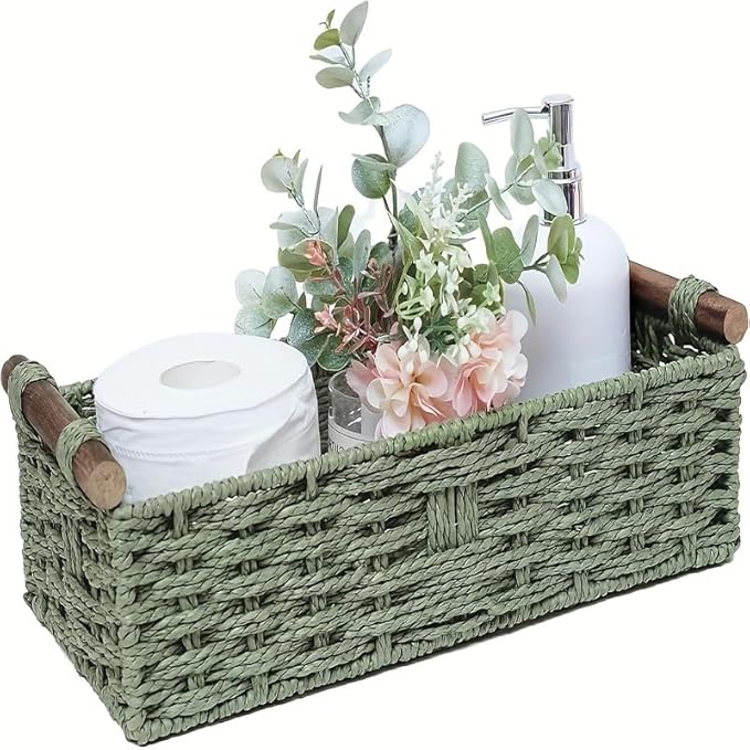 Paper rope storage basket with handle - A decorative green rattan-style multi-purpose storage basket for toilet paper, bathroom supplies and home decoration, suitable for counters or shelves
