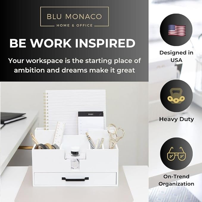 BLU MONACO | White Wood Desk Organizer with Drawer | Compact Desktop Mail & Office Supplies Storage with 6 Compartments | Modern Home Office Accessories for Women, Kitchen Counter & Reception Areas