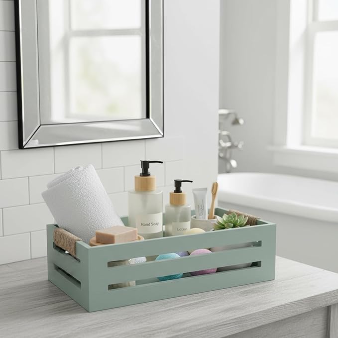 Toilet Paper Storage Box with Handles, Wooden Wicker Toilet Tank Basket, Bathroom Basket Organizer for Countertop, Decorative Wicker Bins for Bathroom or Guest Room-Green