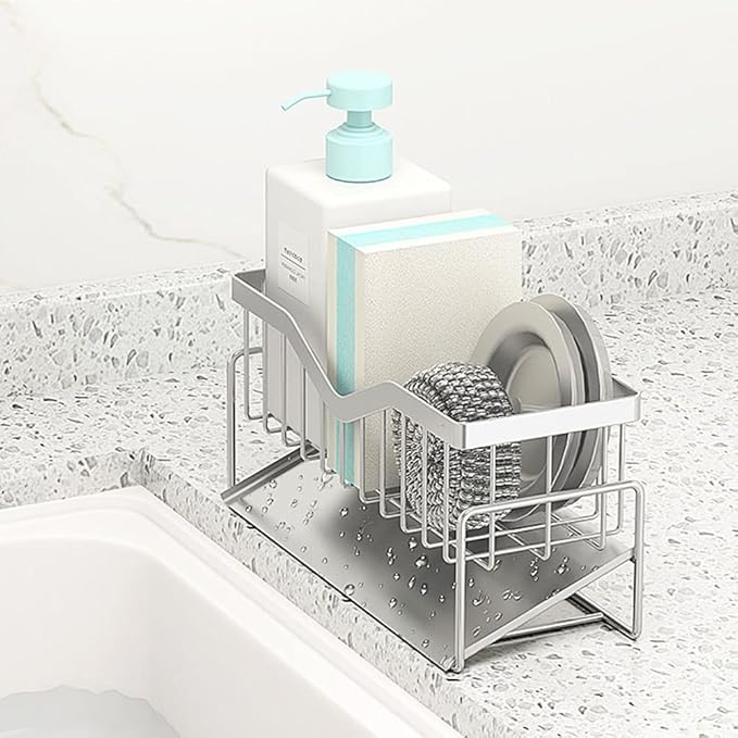 Kitchen Sink Caddy Sponge Holder, Quick Draining, SUS 304 Stainless Steel Sponge Organizer, Basket for Cleaning and Scrub Tool, Kitchen Sink Brush Caddy Holder