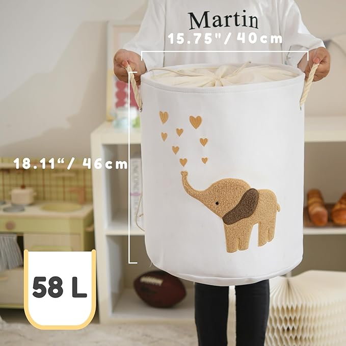 INough Baby Laundry Basket Laundry Hamper, Canvas 58L XL Baby Clothes Basket, Collapsible Brown Laundry Basket for Nursery Toy Baskets with Drawstring Closure, KidsRoom Decor for Boys
