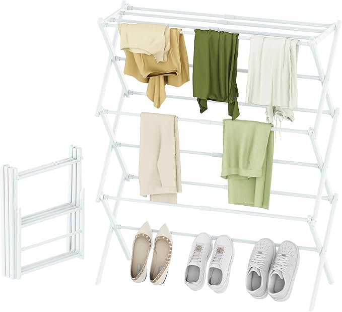 Foldable Drying Rack Clothing, 3-Tier Portable Clothes Drying Racks for Indoor & Outdoor, Anti-rust Compact Laundry Rack Collapsible, Compact Size, 15 lbs Max Load, White 28"D x 10"W x 35"H