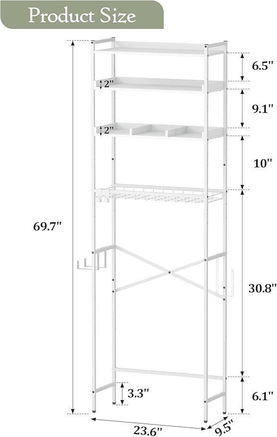 4 Tier Over The Toilet Storage Shelf with 3 Adjustable Shelves, Space Saver Bathroom Organizer with 4 Hooks, Freestanding Above Toilet Rack for Restroom Laundry (White)