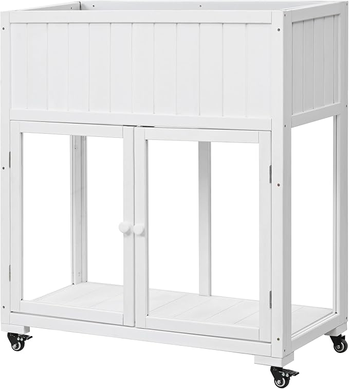 35.4'' x 17.7'' x 37.4'' Wooden Cold Frame with Double Doors and Wheels, Raised Garden Bed with Liner for Outdoor and Indoor Plants, White