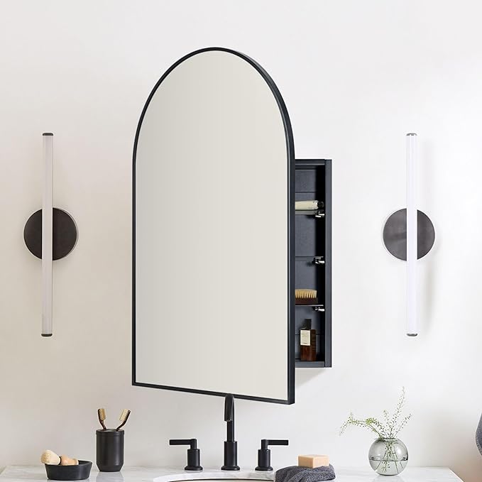 TEHOME 20 x 30'' Black Arched Bathroom Medicine Cabinet with Mirror Recessed and Surface Mounted Medicine Cabinet Mirror