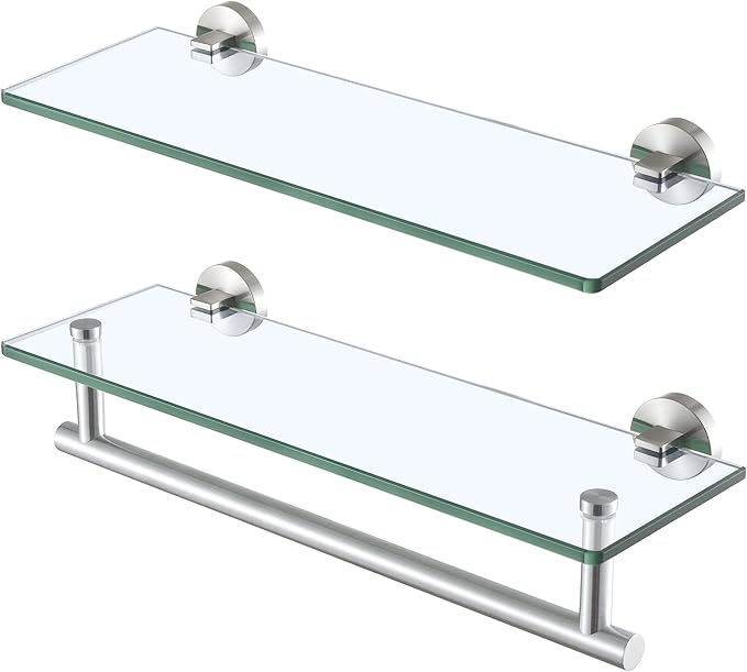 KES Glass Shelves for Bathroom, 16-Inch Glass Floating Bathroom Shelf with Bar 2 Pack Wall Mount SUS 304 Stainless Steel Brushed Finish, A2022S41-2-C1