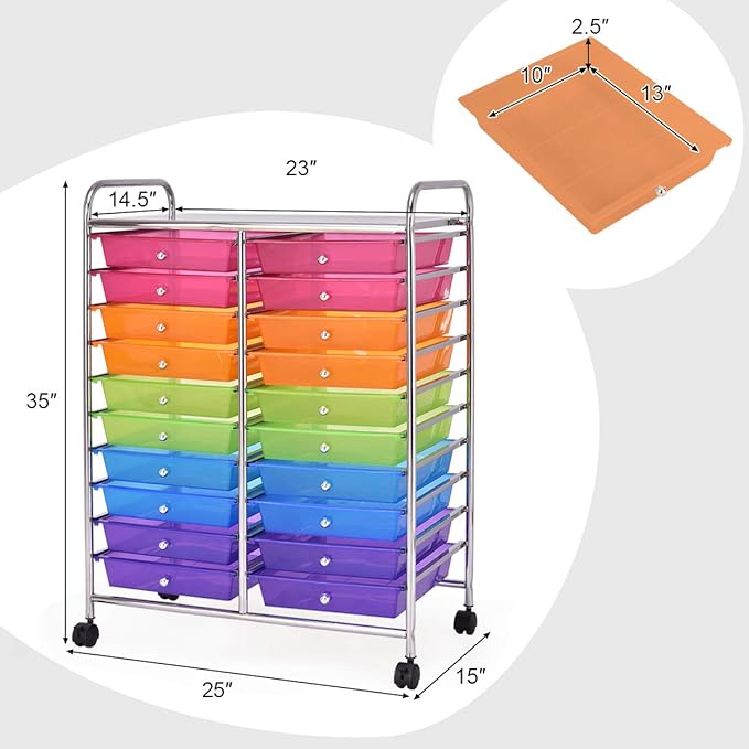 GOFLAME 20-Drawer Rolling Storage Cart, Multifunctional Art Craft Organizer Cart, Mobile Utility Storage Cart with Removable Drawers & Lockable Wheels, Craft Cart for Home Office, Rainbow