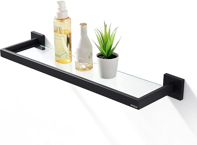 Bathroom Shelf, Glass Shelf for Bathroom, 22.32 Inch Large, 8mm Extra Thick Tempered Glass Shelves Wall Mounted, Square Modern Rectangular, Matte Black,No Assembly, 071090-MB