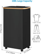 efluky Laundry Basket with Wheels, Tall Rolling Laundry Hamper with Lid and Removable Bag, Aesthetic Dirty Clothes Hamper on Wheels for Laundry Room, Bedroom, Dorm and Bathroom, 100L Black