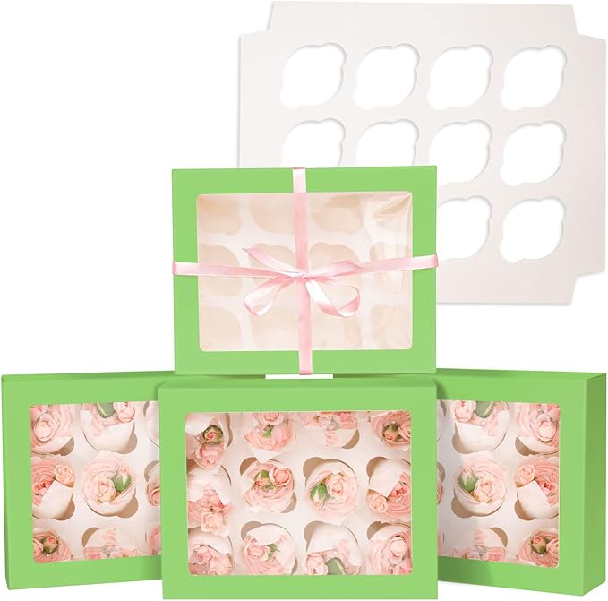 Bakepacker 12 Cupcake Containers 10-Packs Avocado Cupcake Box Cupcakes Carrier, 12 Cupcake Boxes with Window 13"x10"x3.5"（Auto-pop up）