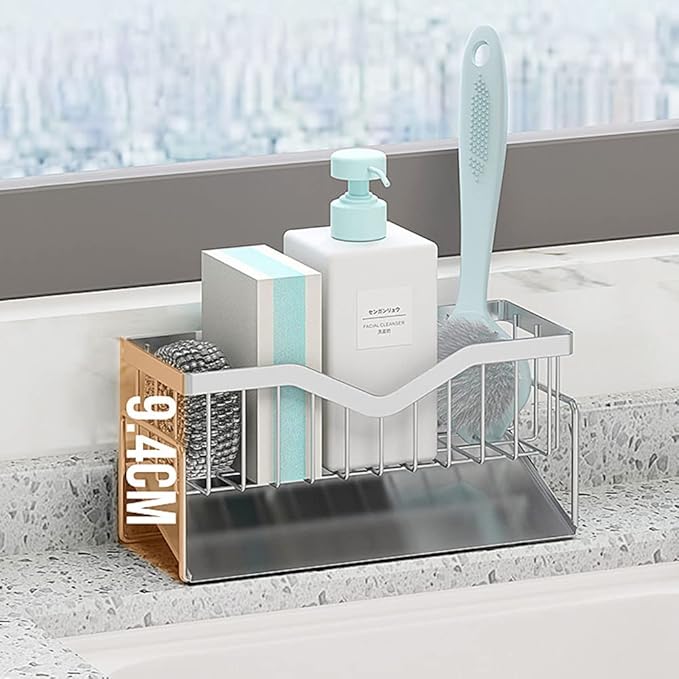 Kitchen Sink Caddy Sponge Holder, Quick Draining, SUS 304 Stainless Steel Sponge Organizer, Basket for Cleaning and Scrub Tool, Kitchen Sink Brush Caddy Holder