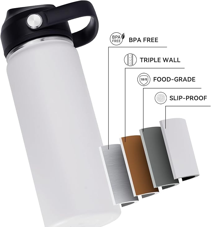 18oz Insulated Stainless Steel Water Bottle, Wide Mouth Double Wall Vacuum, Silicone Straw, Sweat & Leak Proof, BPA Free Insulated Water Flask for Travel, Keep Cold 24h Hot 12h, White