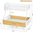 2-Tier Dish Drying Rack, Large Stainless Steel & Bamboo Dish Rack for Kitchen Counter, Dish Drainers with Adjustable Automatic Spout, Drying Rack Kitchen with Utensil Holder, White
