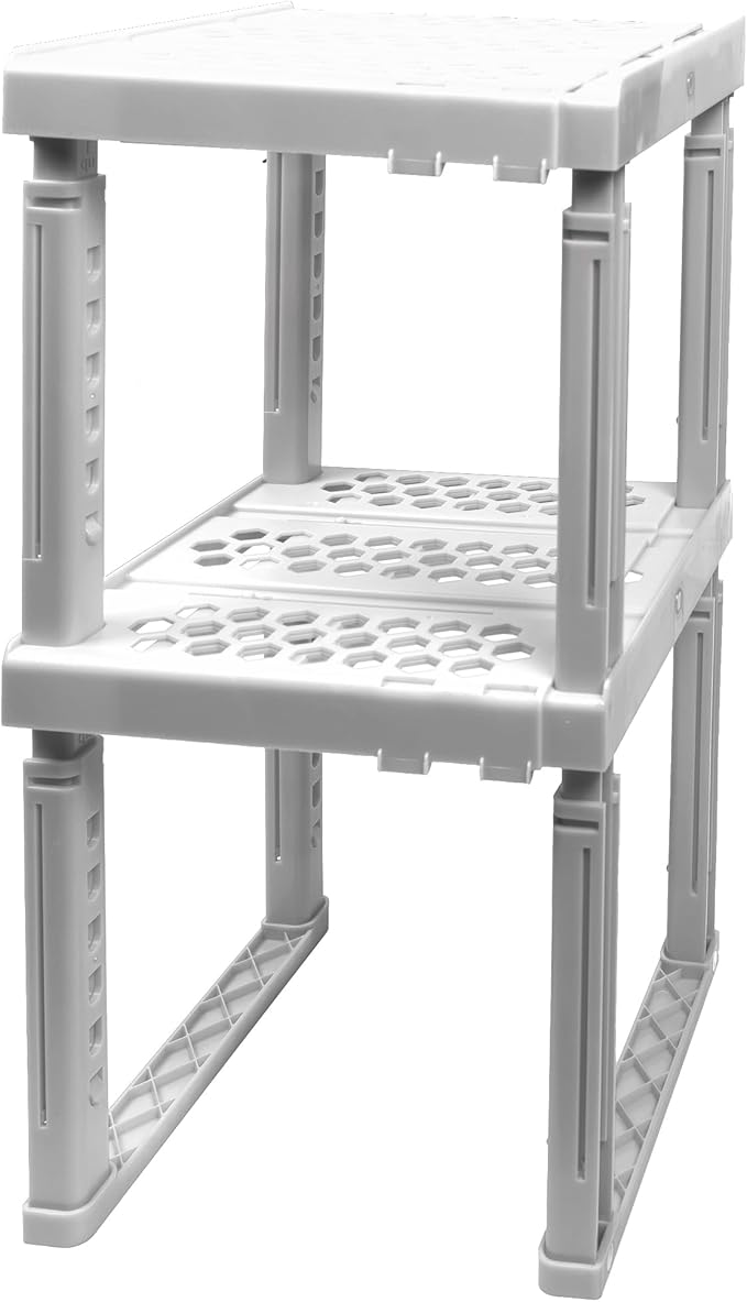Locker Organizer Shelf， Adjustable Width and Height, Stackable, Ideal Locker Shelf for School, Office, Gym Lockers, or Even Kitchen Cabinets & Under Sink Organization (White 2 Pack)
