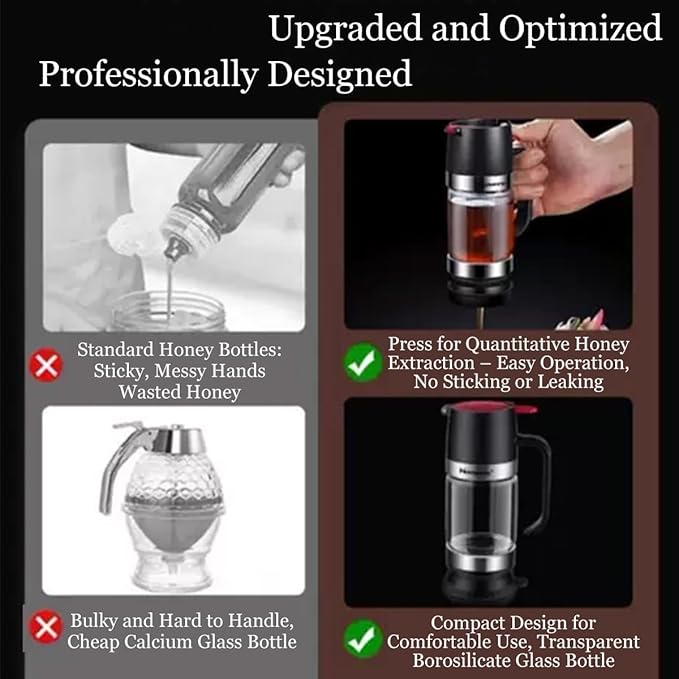 No-Drip Honey Dispenser, 2026 New Glass Honey Dispenser, No Drip Glass Honeys Dispensers with Stand, Maple Syrup Dispensers, Syrup and Jam, Honeys Container with Handle (Yellow)