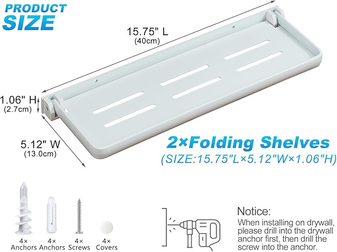 White Folding Wall Shelf | Wall Mounted Bathroom Floating Metal Shelf | 90° Fold Up | Space-Saving Floating Shelf for Laundry Room, Toilet Room, RV, Sink (2-Pack, White)