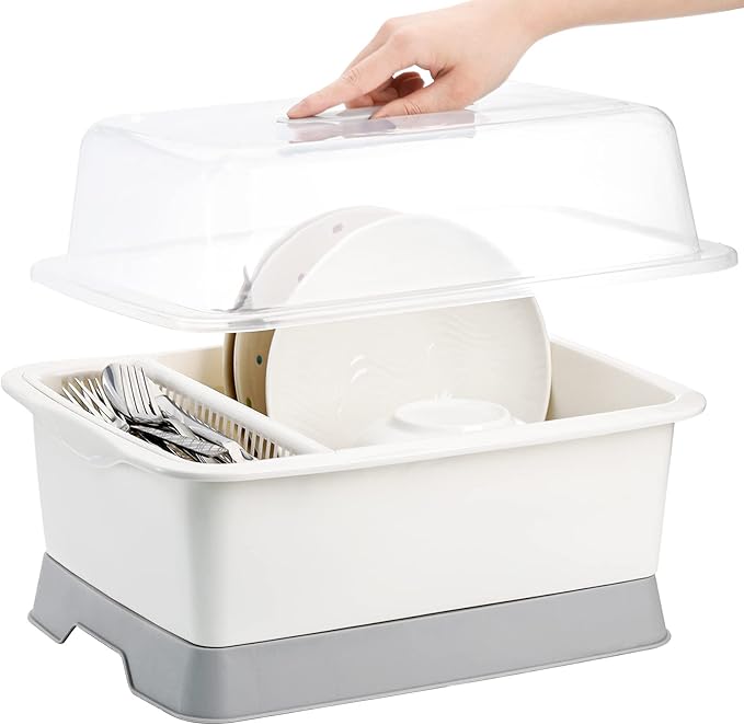 Lyellfe Plastic Dish Drying Rack, Bottle Dryer Holder with Cover Lid and Removable Drainboard, White Utensil and Cup Holder for Kitchen Counter, Dish Dryer Shelf, Medium Size